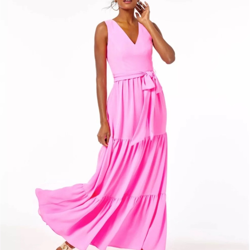 Lilly Pulitzer Size 16 Maurine Maxi Dress in Prosecco Pink Tier Tie Waist